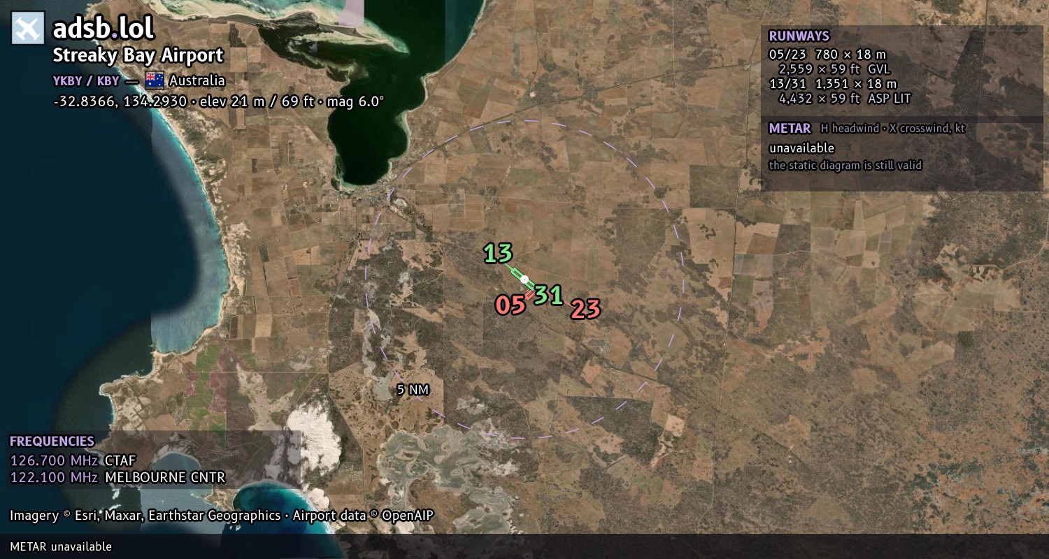 Satellite map with the runway layout of Streaky Bay Airport (YKBY)