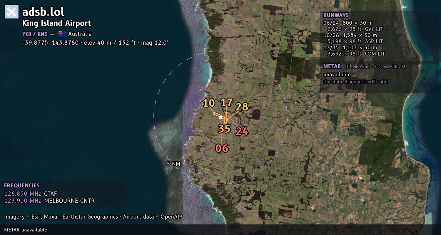 Satellite map with the runway layout of King Island Airport (YKII)
