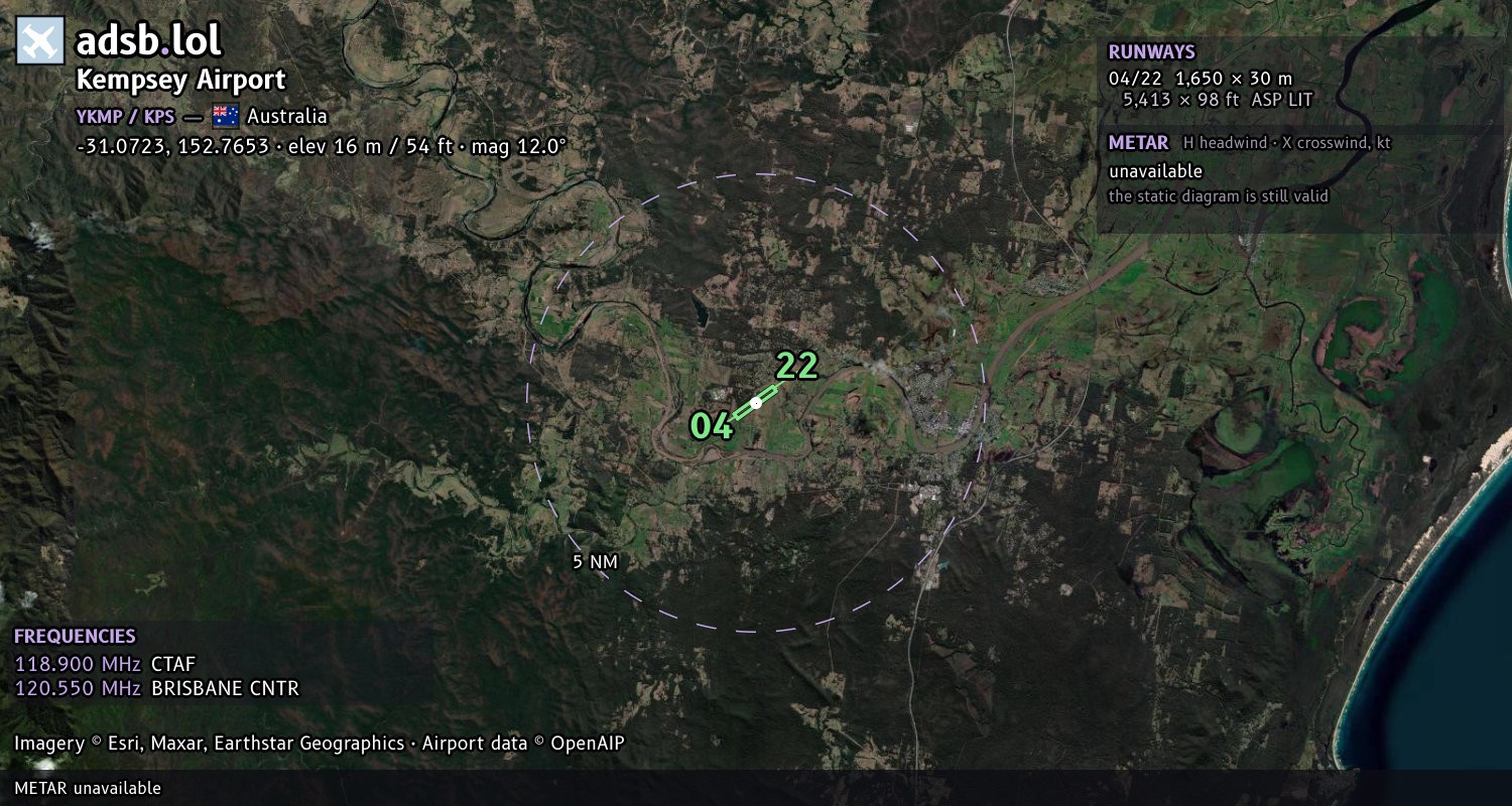 Satellite map with the runway layout of Kempsey Airport (YKMP)