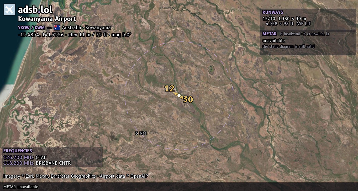 Satellite map with the runway layout of Kowanyama Airport (YKOW)