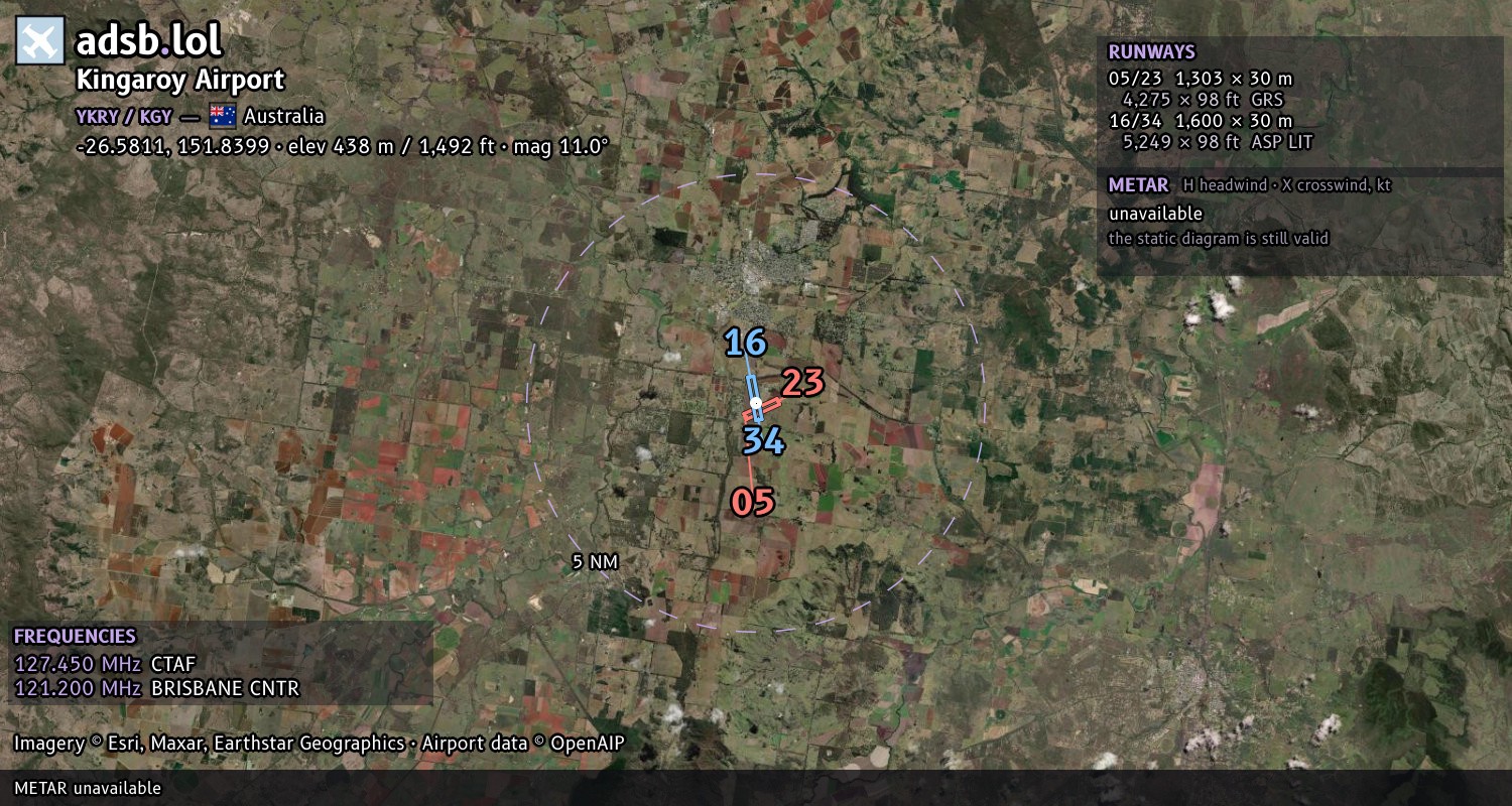 Satellite map with the runway layout of Kingaroy Airport (YKRY)