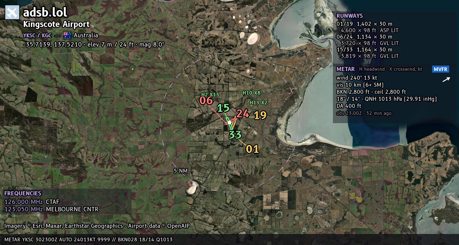 Satellite map with the runway layout of Kingscote Airport (YKSC)