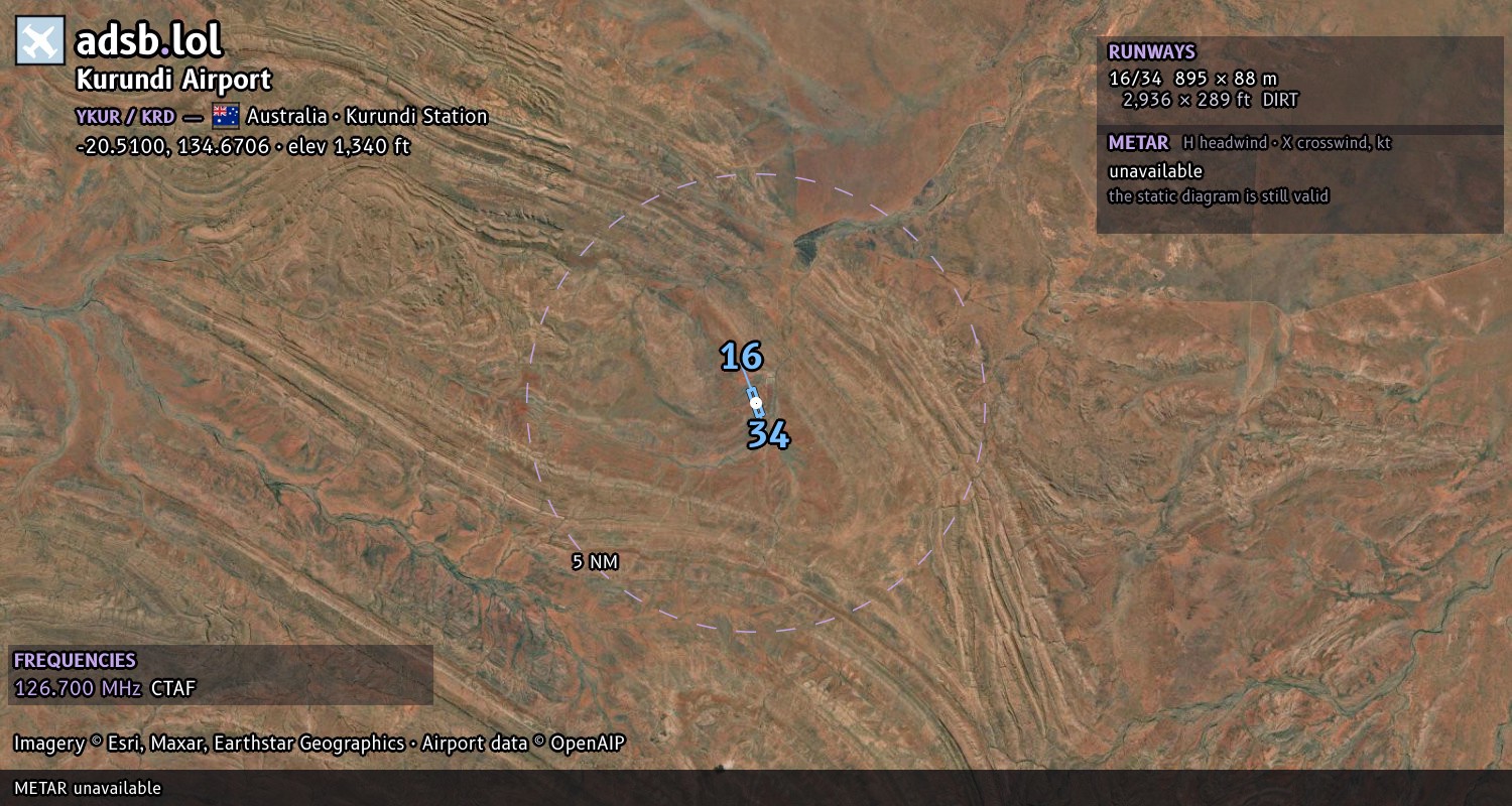 Satellite map with the runway layout of Kurundi Airport (YKUR)
