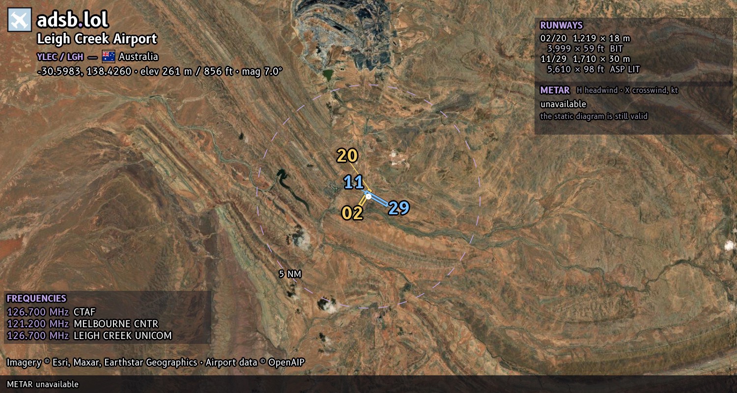Satellite map with the runway layout of Leigh Creek Airport (YLEC)
