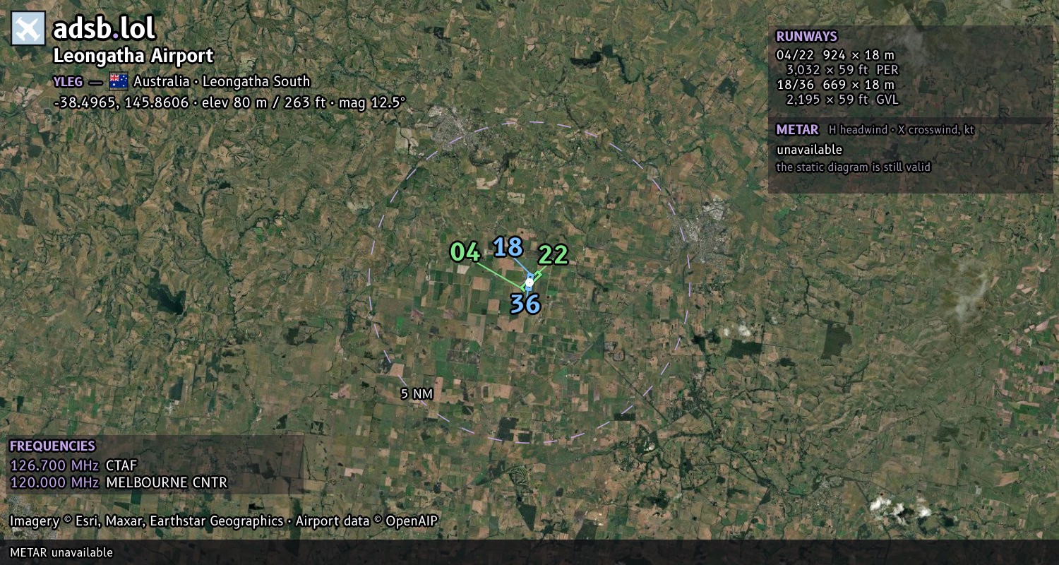 Satellite map with the runway layout of Leongatha Airport (YLEG)
