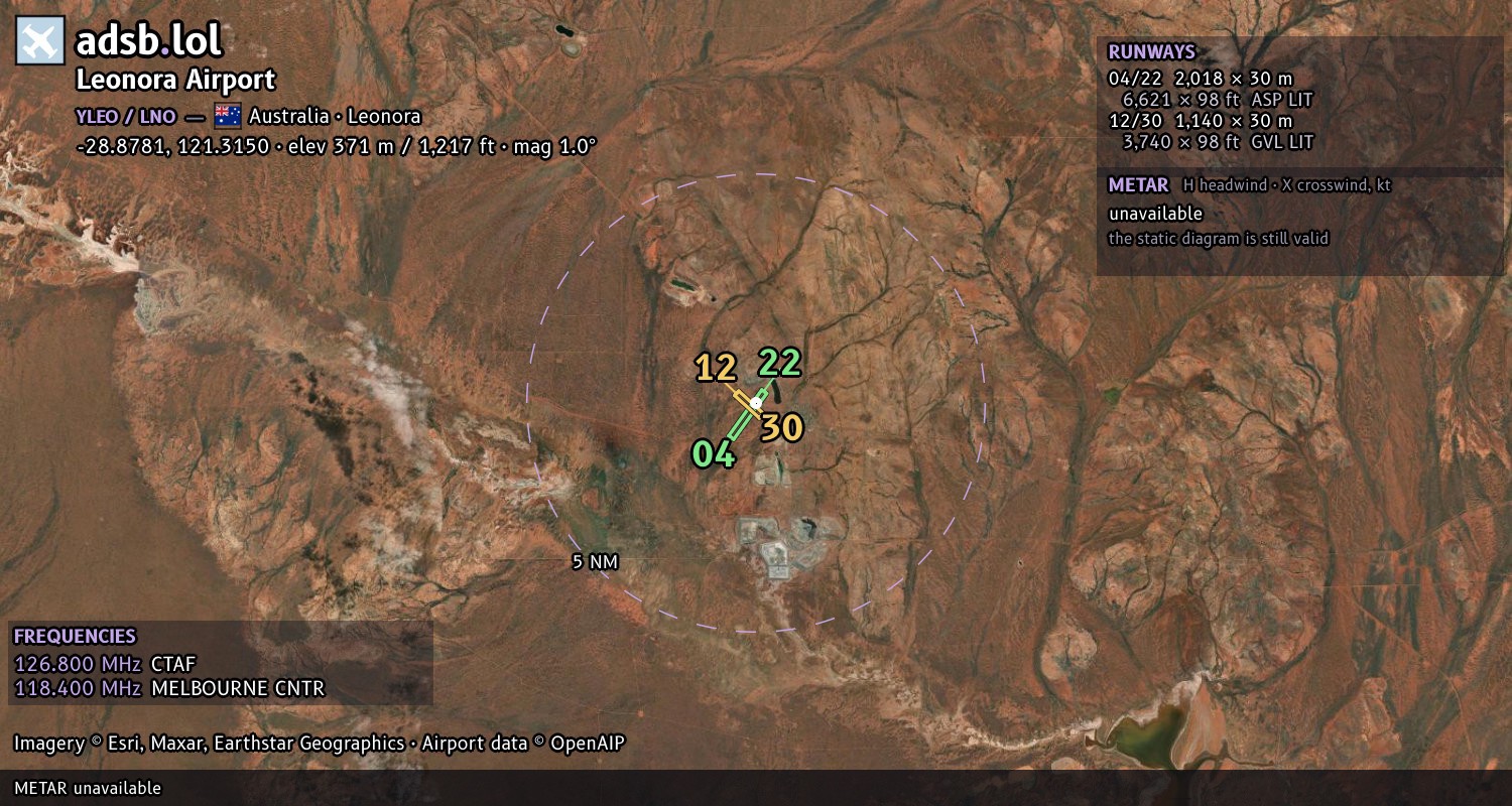 Satellite map with the runway layout of Leonora Airport (YLEO)