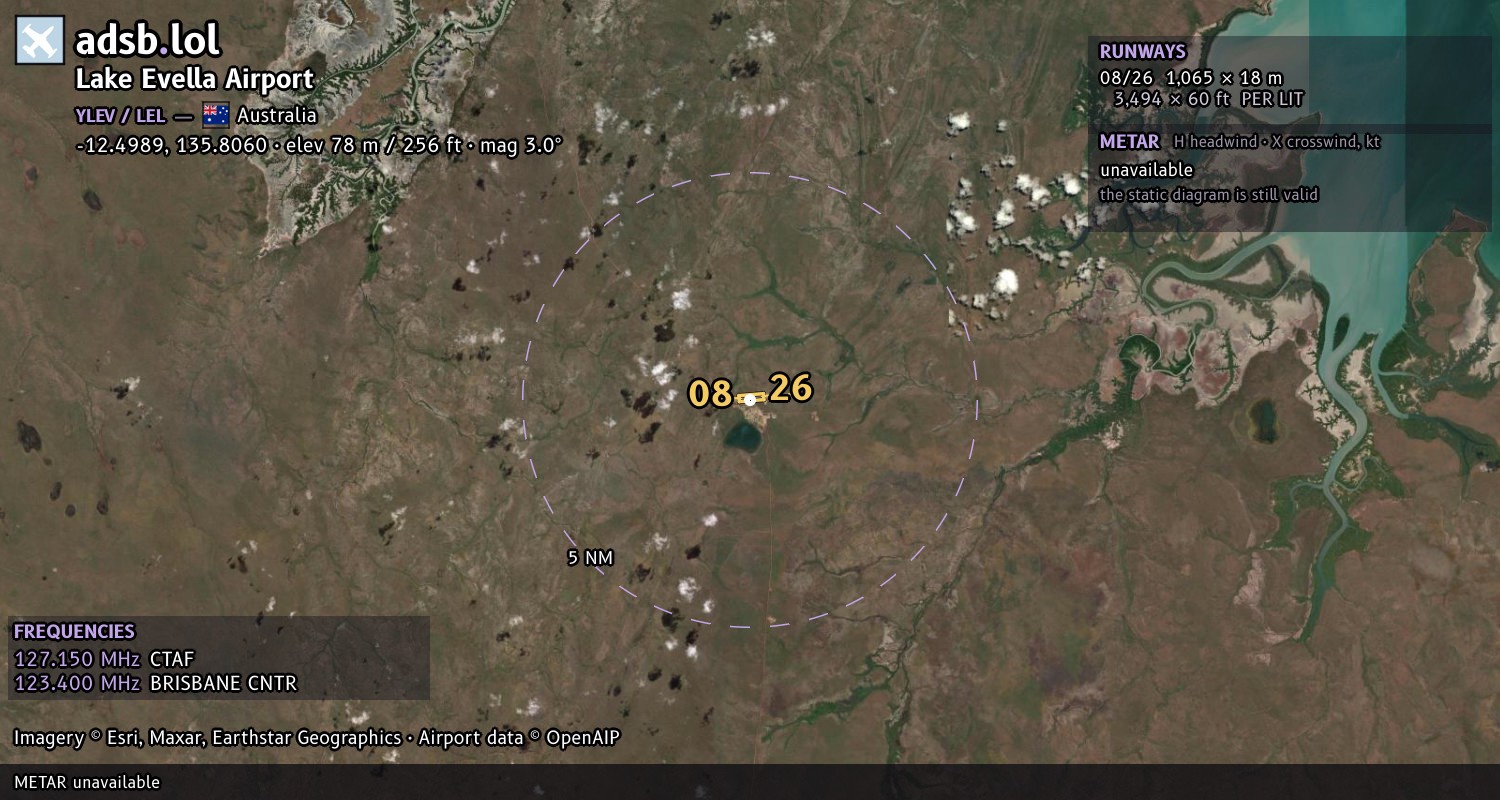 Satellite map with the runway layout of Lake Evella Airport (YLEV)
