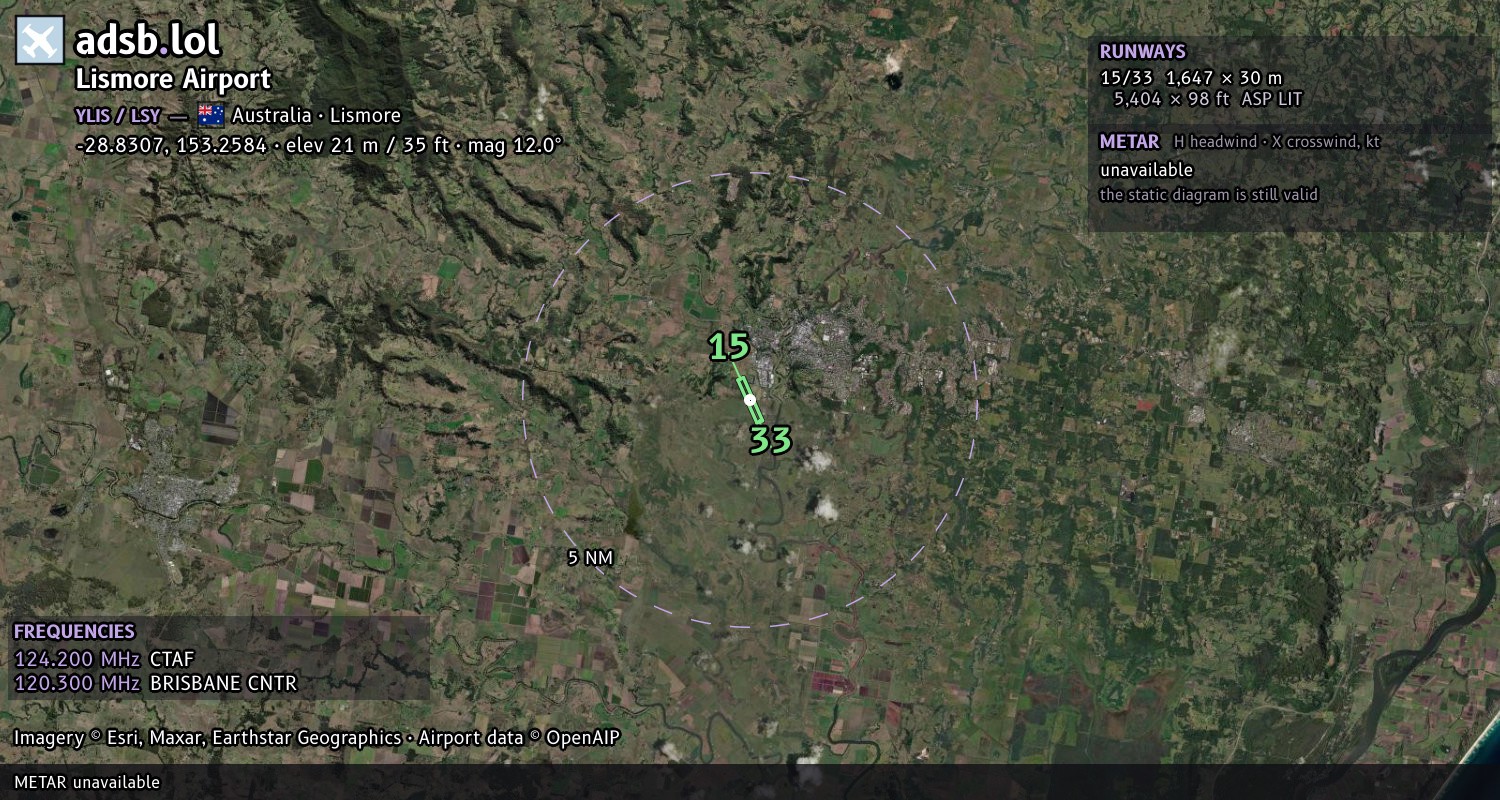 Satellite map with the runway layout of Lismore Airport (YLIS)