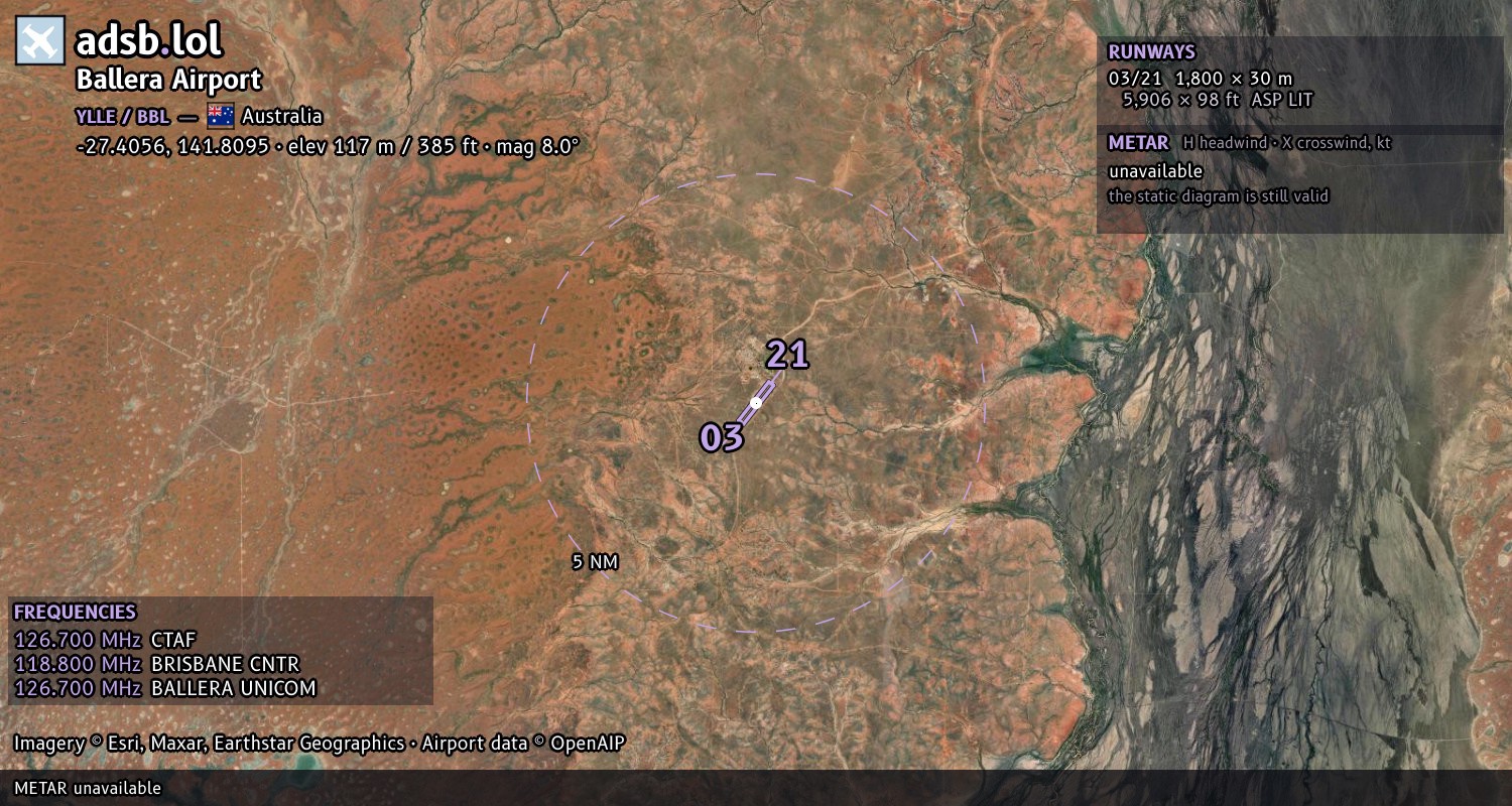 Satellite map with the runway layout of Ballera Airport (YLLE)
