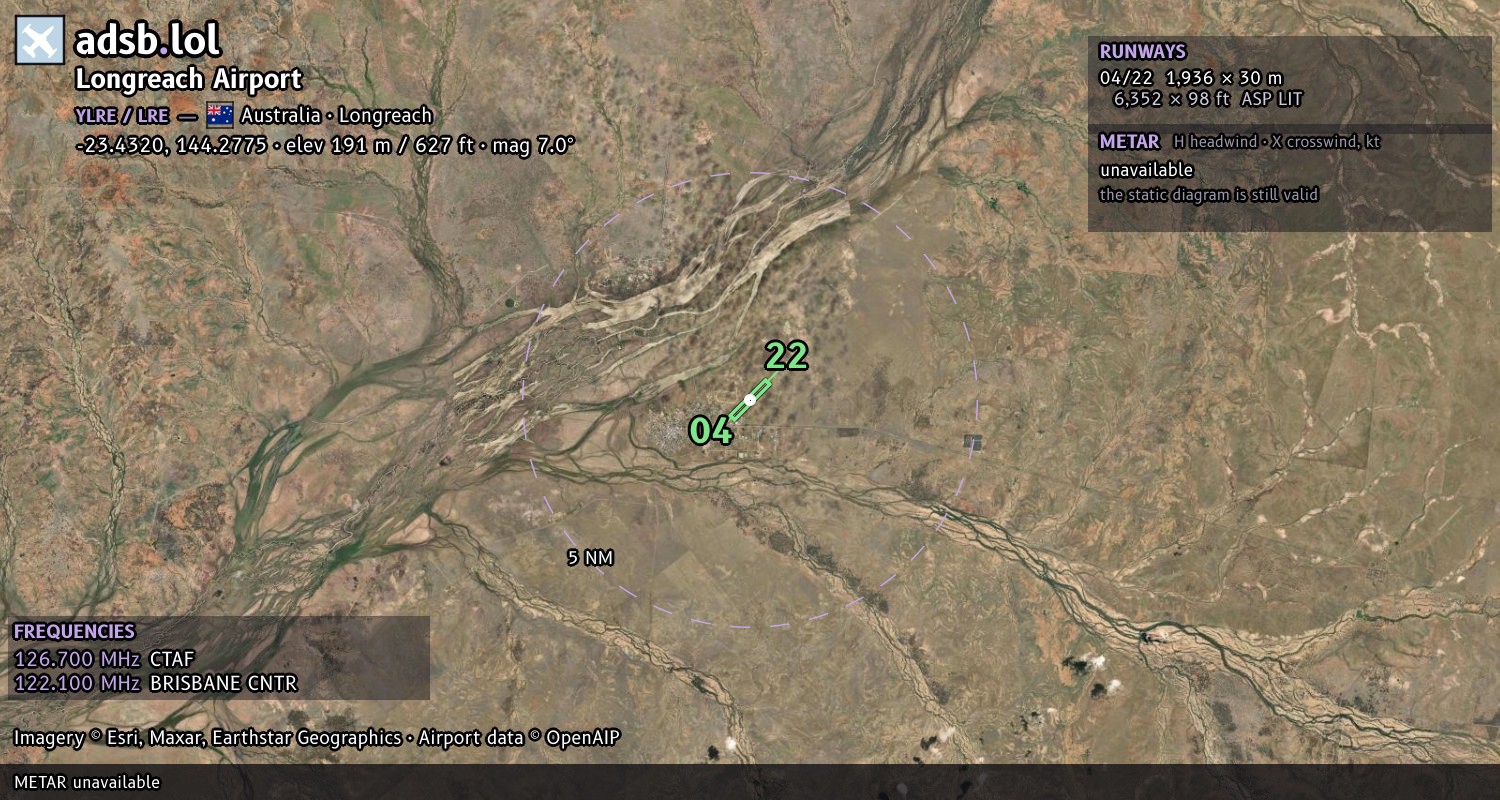 Satellite map with the runway layout of Longreach Airport (YLRE)