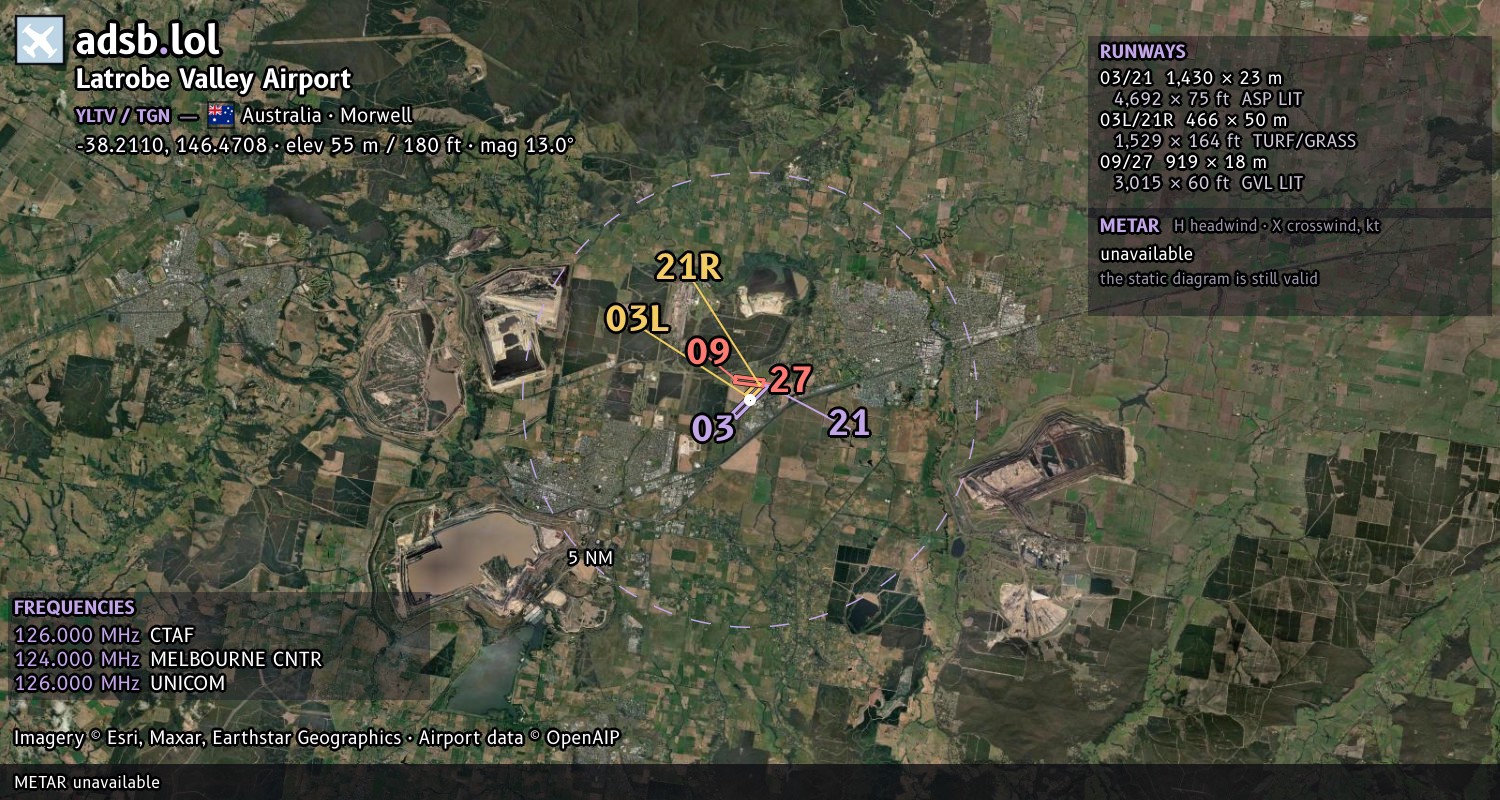 Satellite map with the runway layout of Latrobe Valley Airport (YLTV)