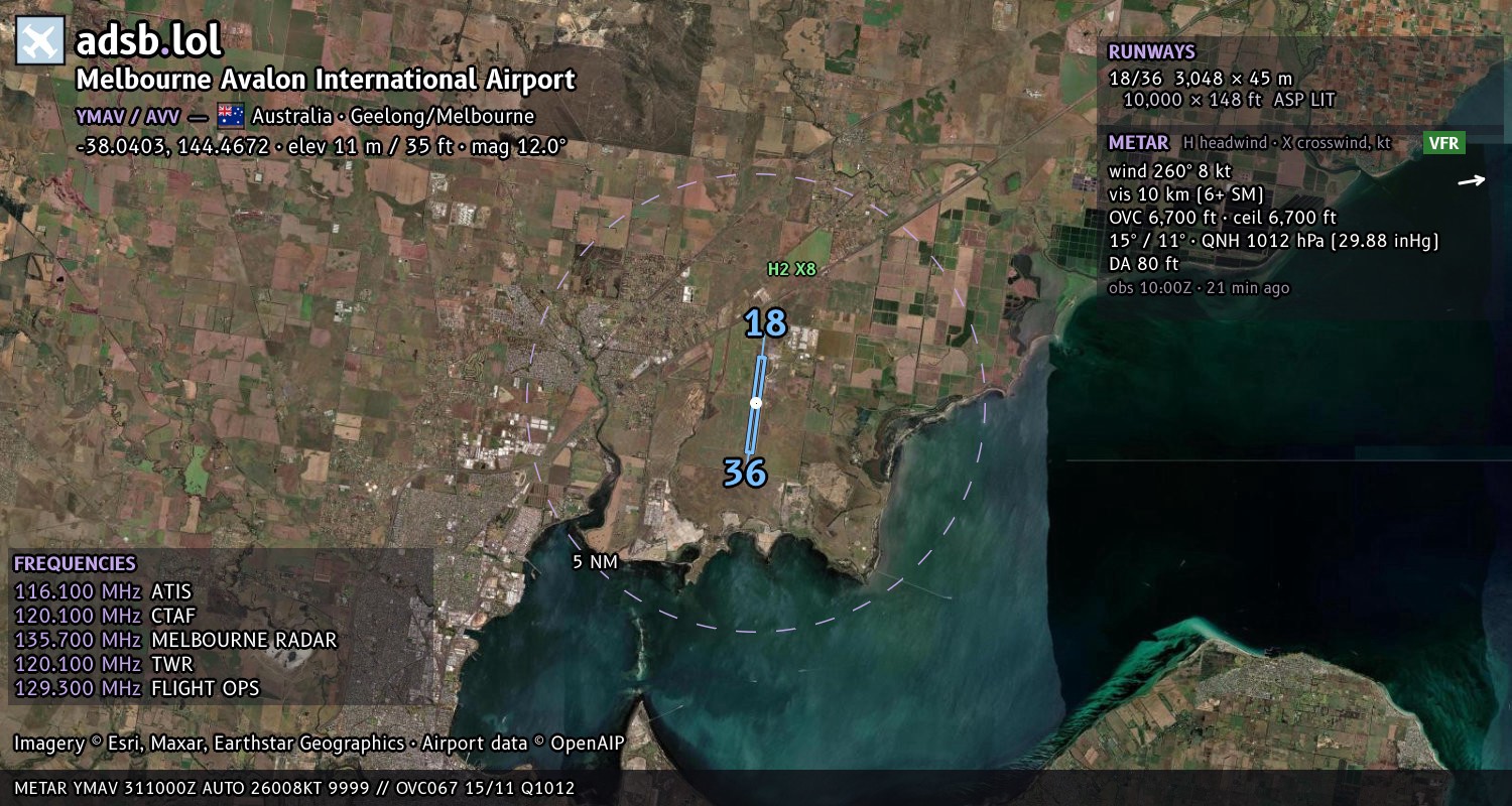 Satellite map with the runway layout of Melbourne Avalon International Airport (YMAV)
