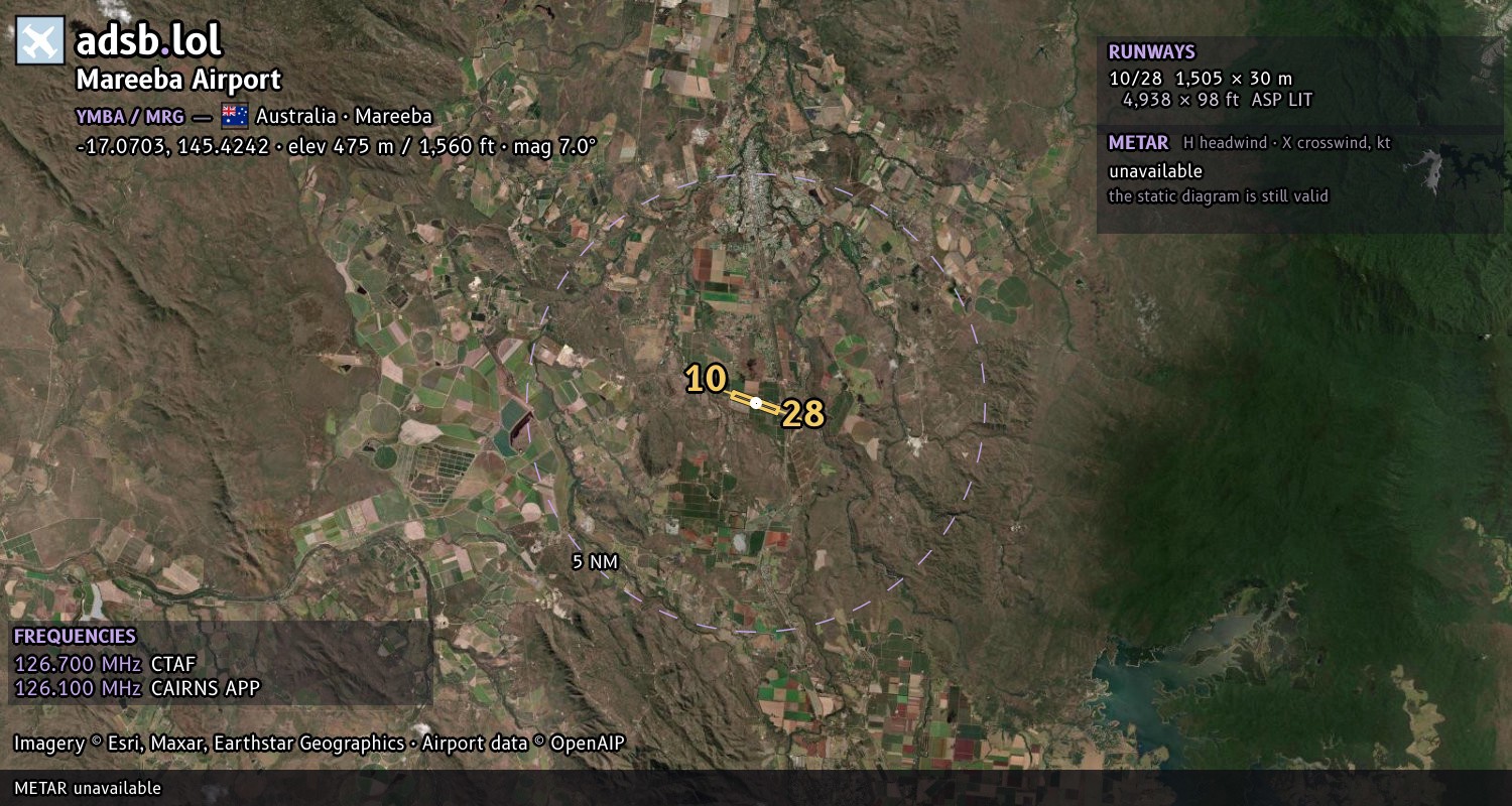 Satellite map with the runway layout of Mareeba Airport (YMBA)