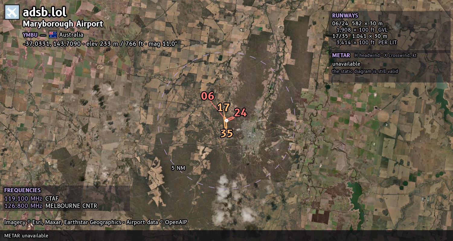 Satellite map with the runway layout of Maryborough Airport (YMBU)