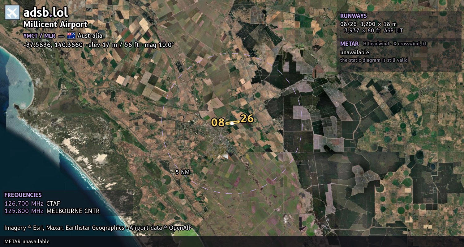 Satellite map with the runway layout of Millicent Airport (YMCT)