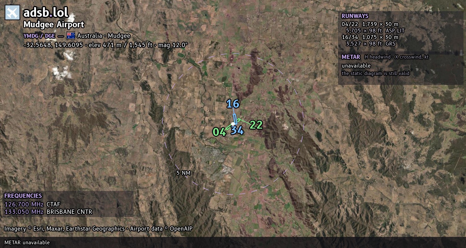 Satellite map with the runway layout of Mudgee Airport (YMDG)