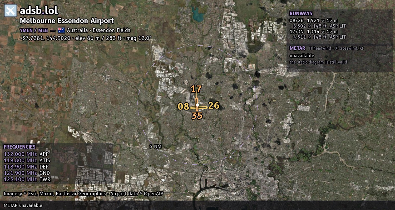 Satellite map with the runway layout of Melbourne Essendon Airport (YMEN)