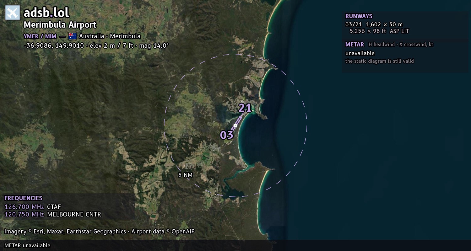 Satellite map with the runway layout of Merimbula Airport (YMER)