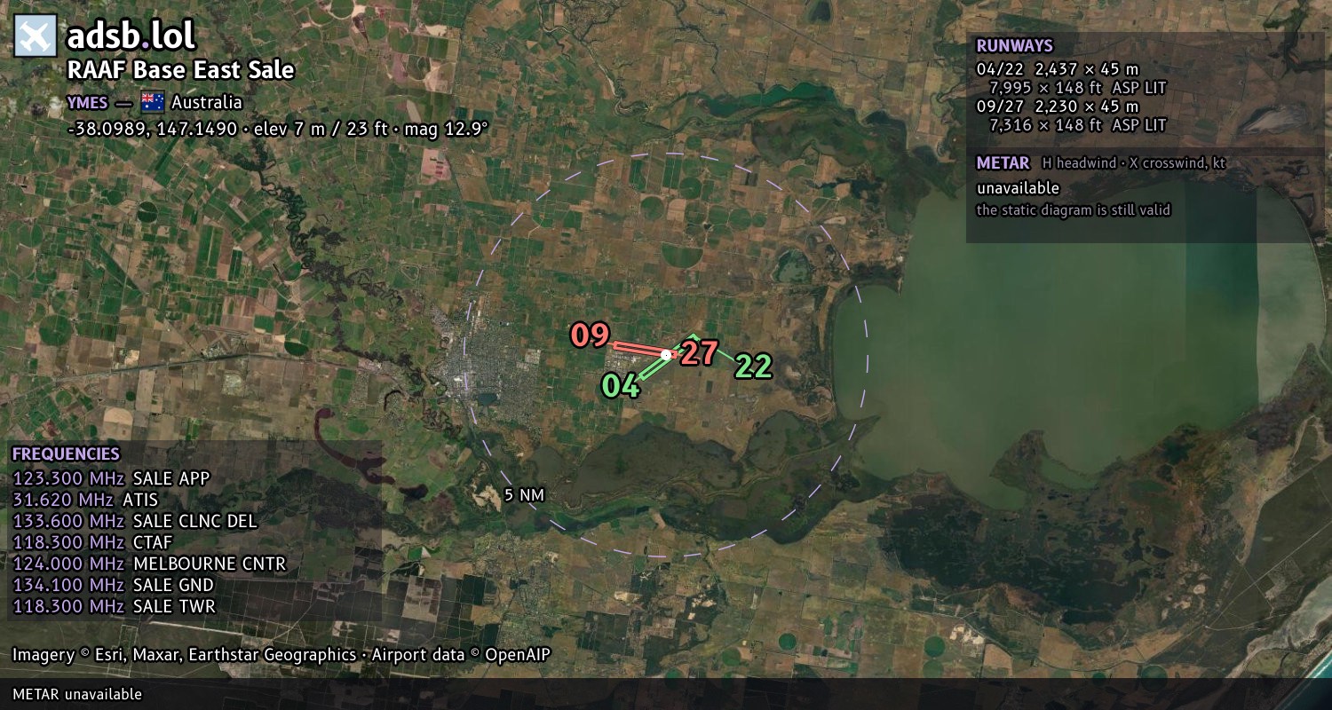 Satellite map with the runway layout of RAAF Base East Sale (YMES)
