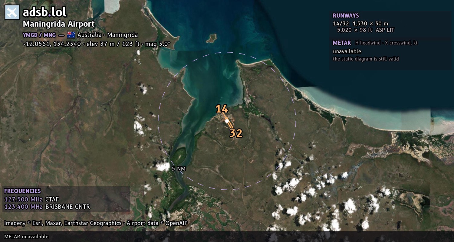 Satellite map with the runway layout of Maningrida Airport (YMGD)