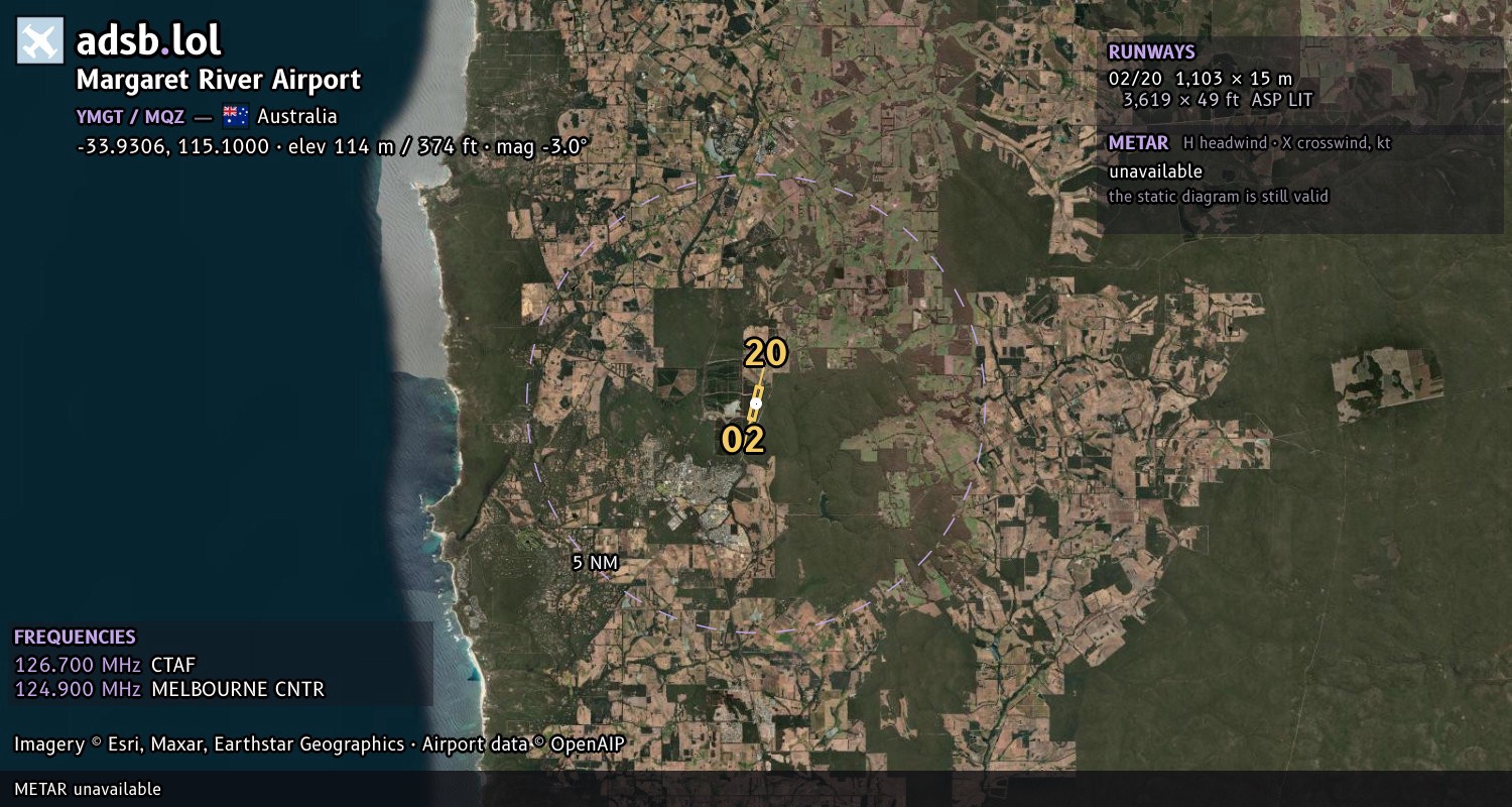 Satellite map with the runway layout of Margaret River Airport (YMGT)