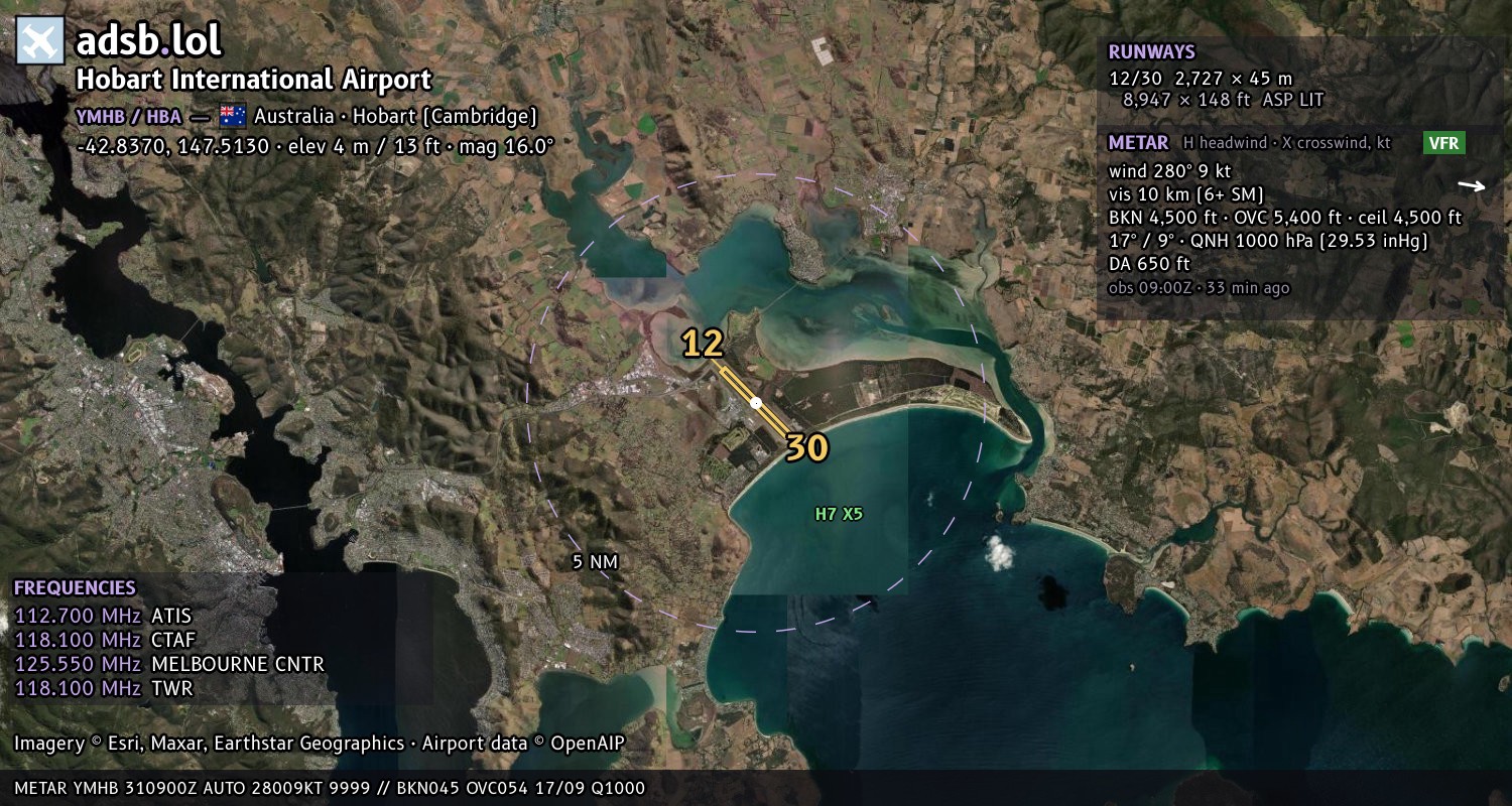 Satellite map with the runway layout of Hobart International Airport (YMHB)