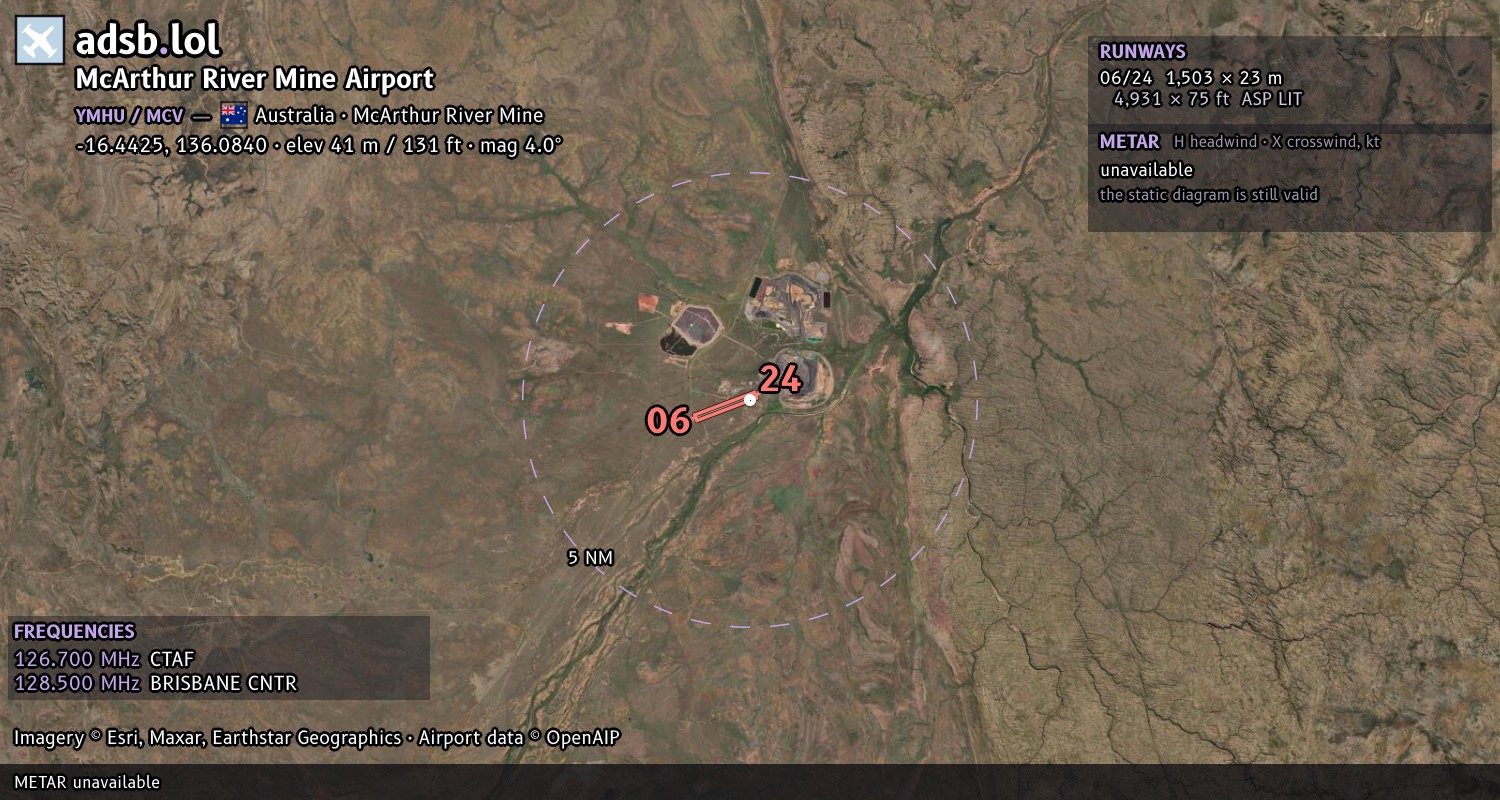 Satellite map with the runway layout of McArthur River Mine Airport (YMHU)