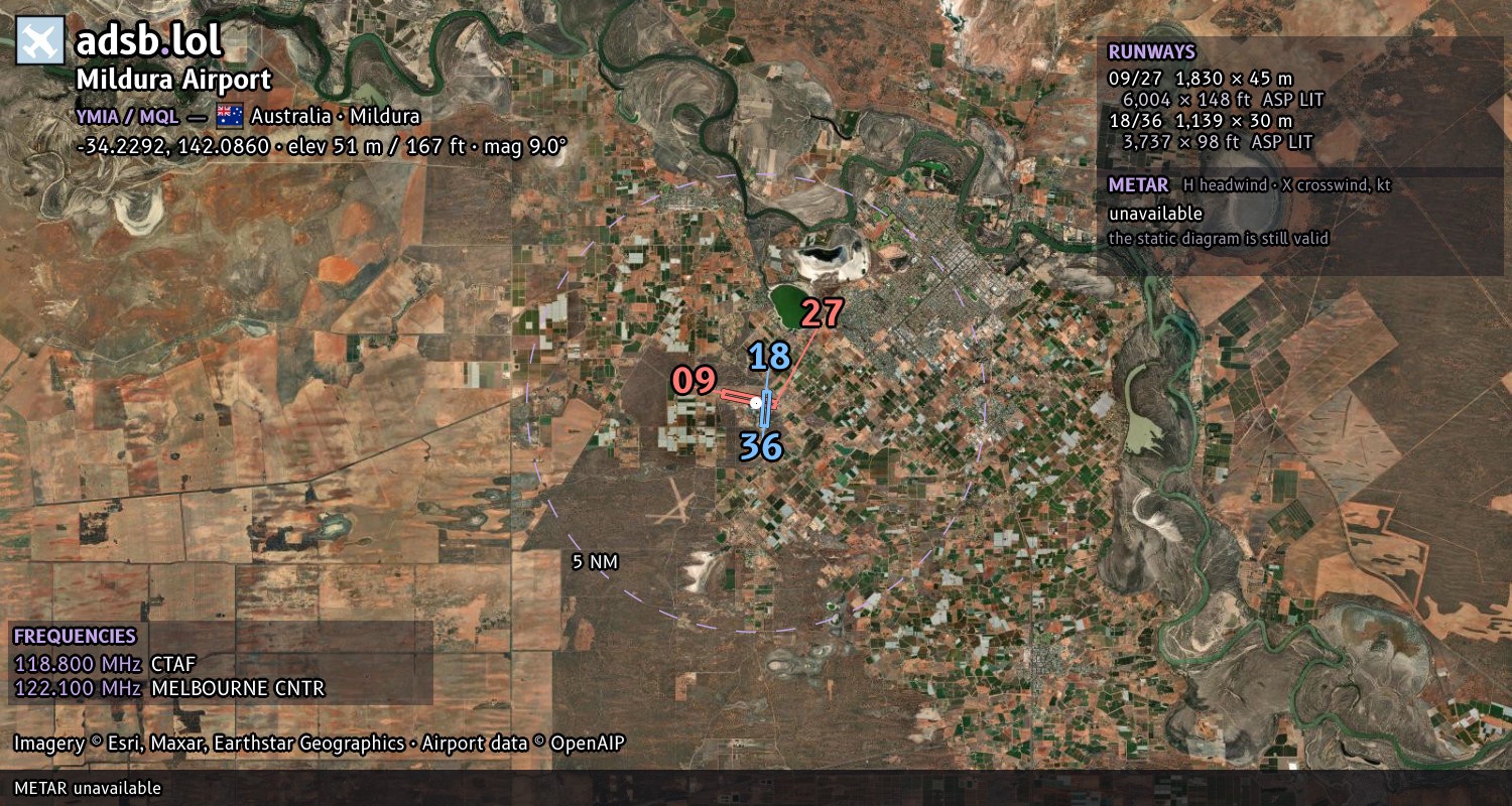 Satellite map with the runway layout of Mildura Airport (YMIA)
