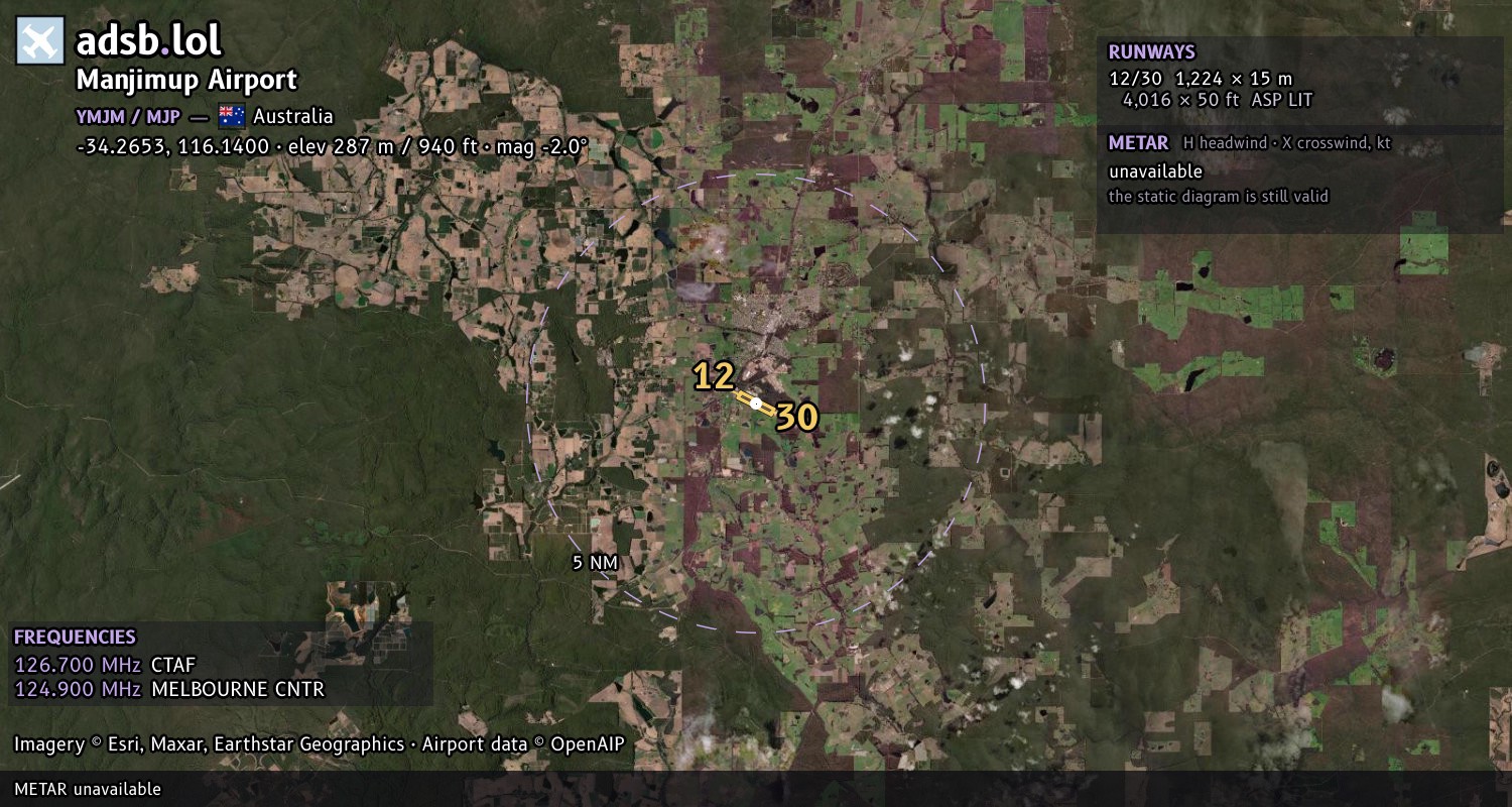 Satellite map with the runway layout of Manjimup Airport (YMJM)