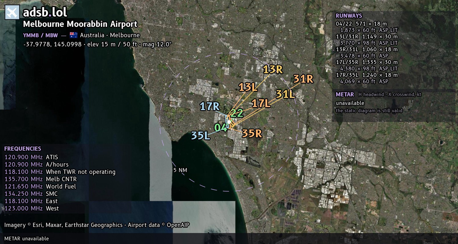 Satellite map with the runway layout of Melbourne Moorabbin Airport (YMMB)