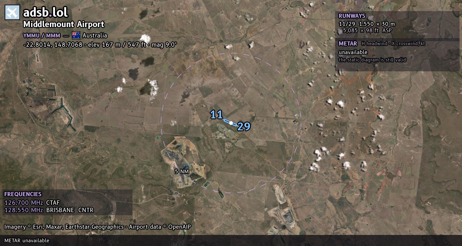 Satellite map with the runway layout of Middlemount Airport (YMMU)
