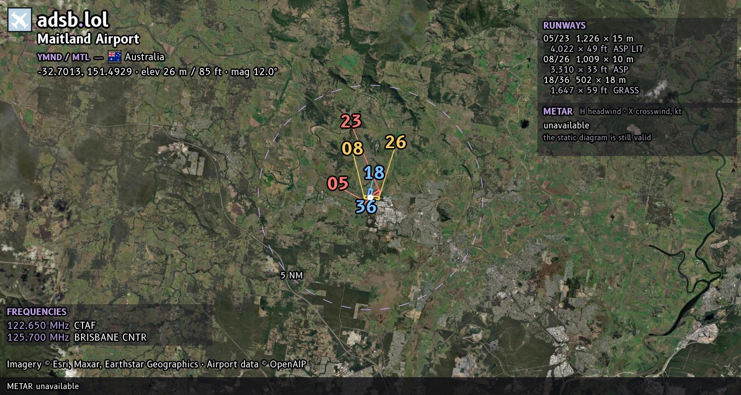 Satellite map with the runway layout of Maitland Airport (YMND)