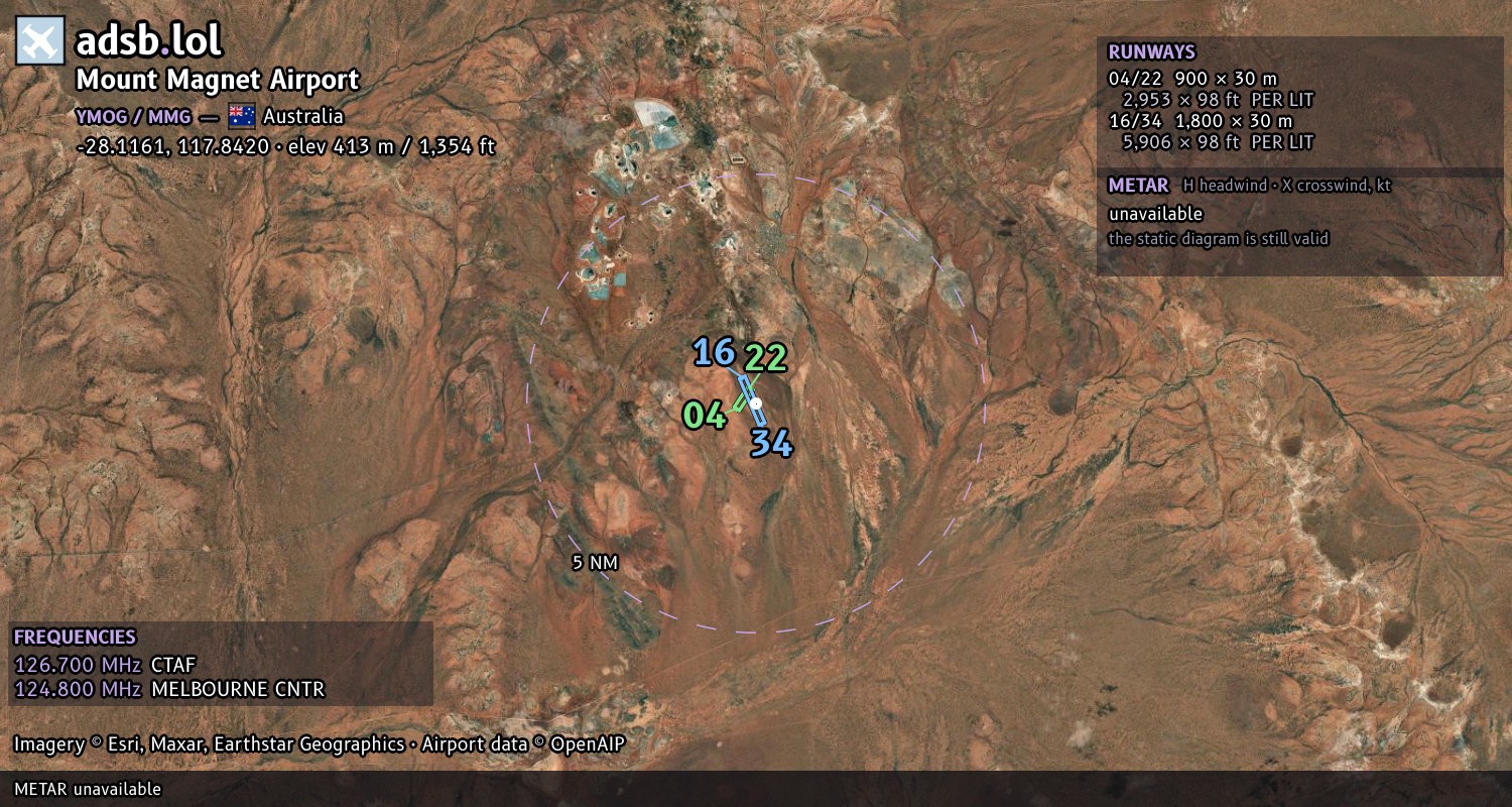 Satellite map with the runway layout of Mount Magnet Airport (YMOG)