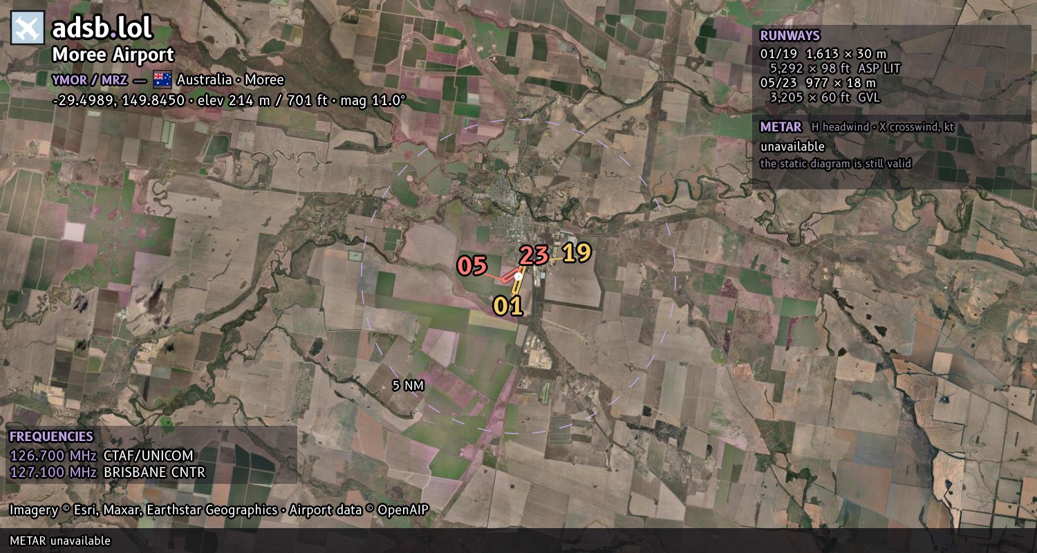 Satellite map with the runway layout of Moree Airport (YMOR)