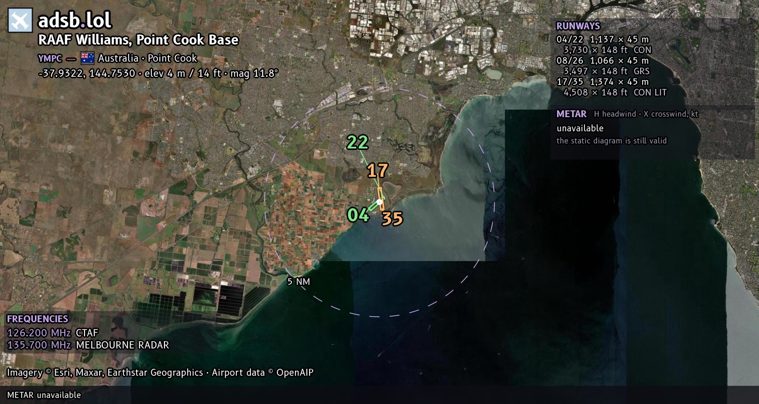 Satellite map with the runway layout of RAAF Williams, Point Cook Base (YMPC)