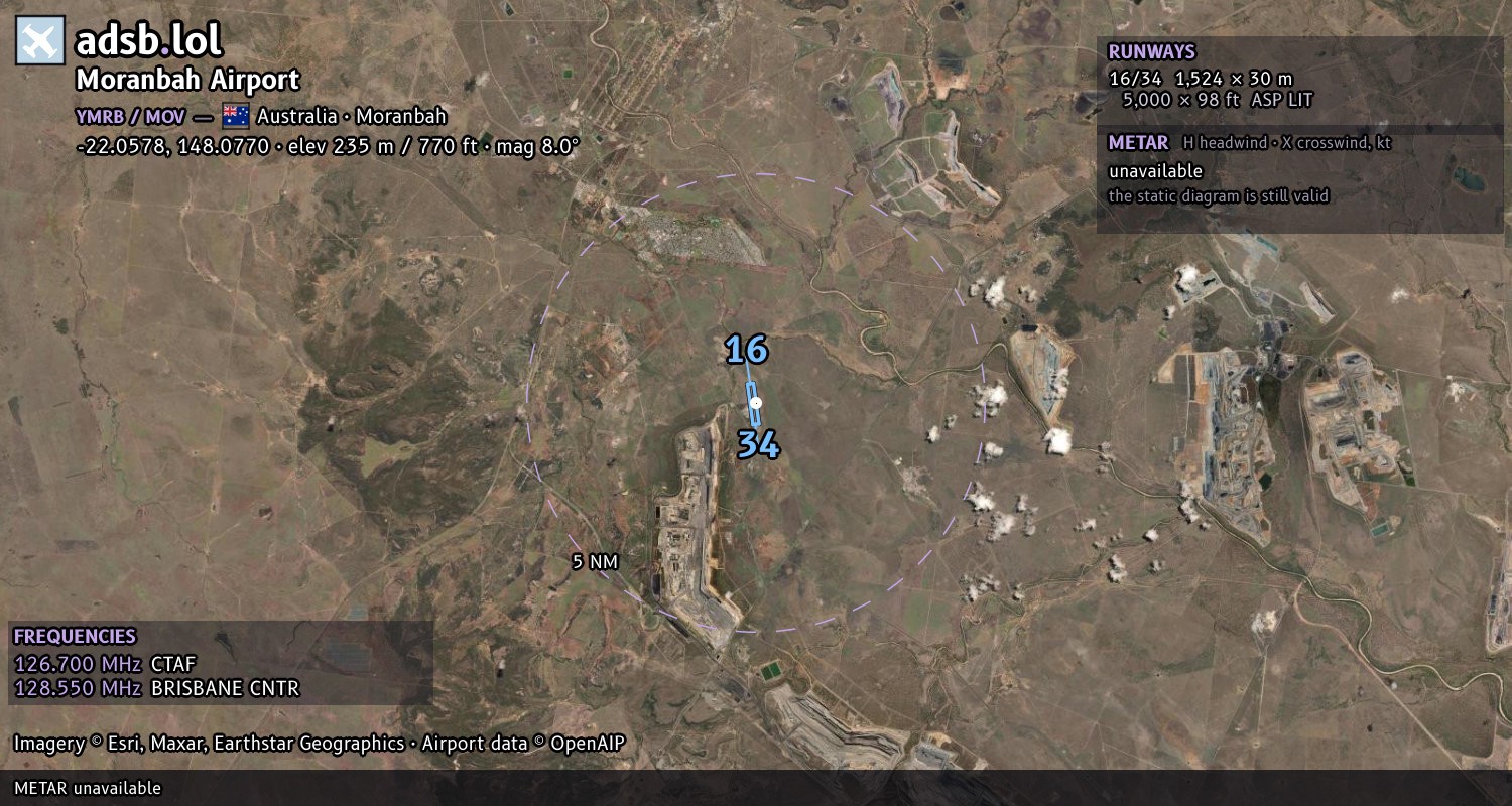 Satellite map with the runway layout of Moranbah Airport (YMRB)