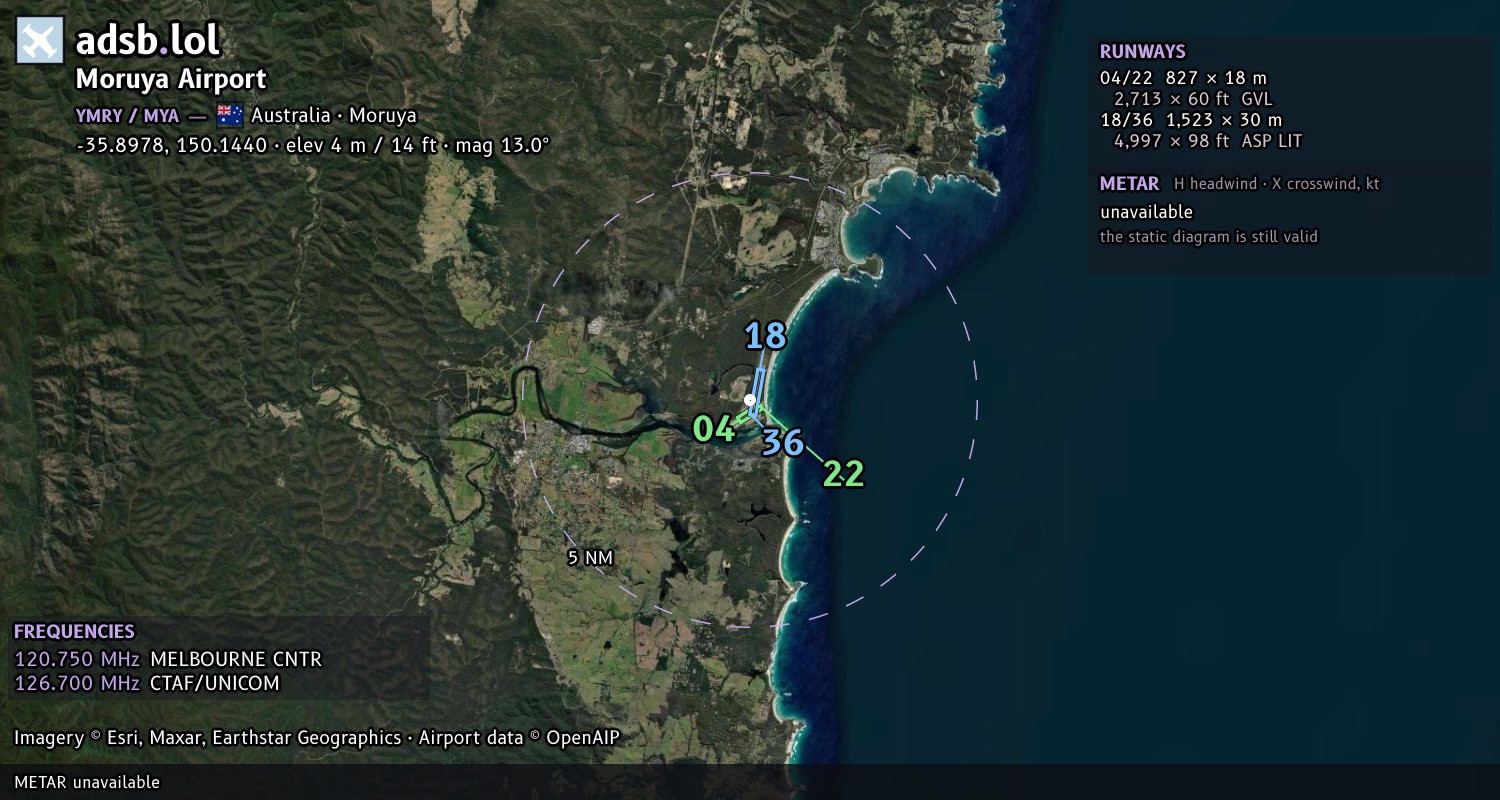 Satellite map with the runway layout of Moruya Airport (YMRY)