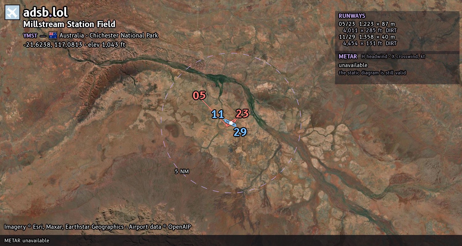 Satellite map with the runway layout of Millstream Station Field (YMST)