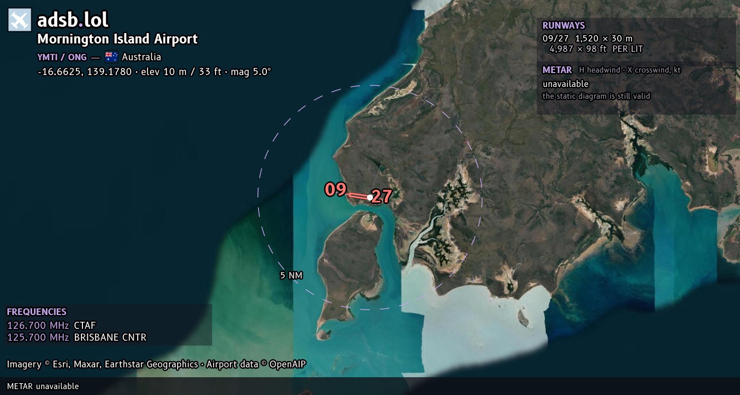 Satellite map with the runway layout of Mornington Island Airport (YMTI)