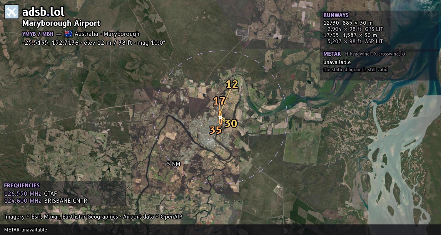 Satellite map with the runway layout of Maryborough Airport (YMYB)