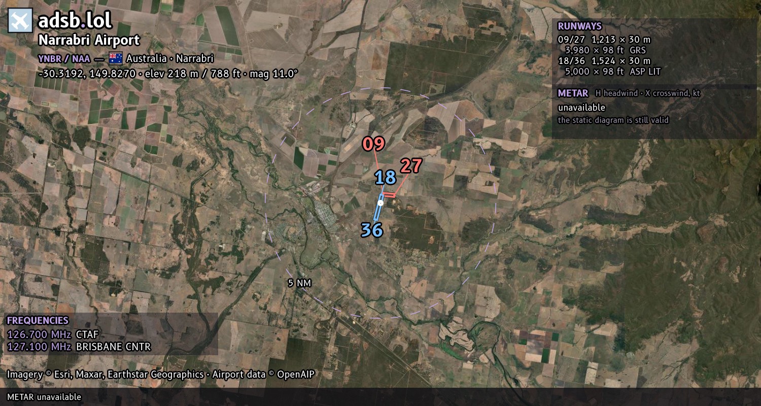 Satellite map with the runway layout of Narrabri Airport (YNBR)