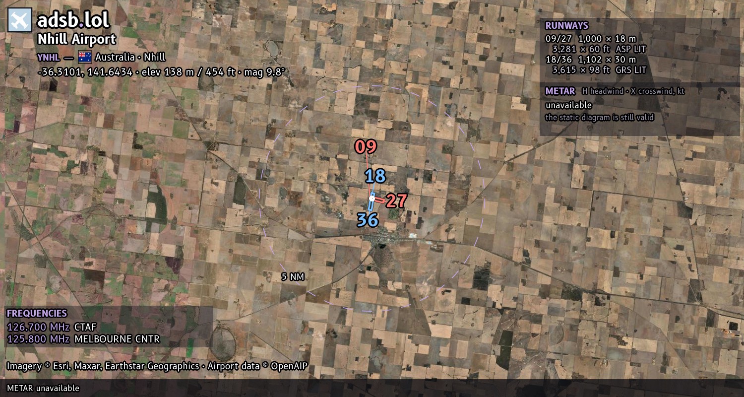Satellite map with the runway layout of Nhill Airport (YNHL)