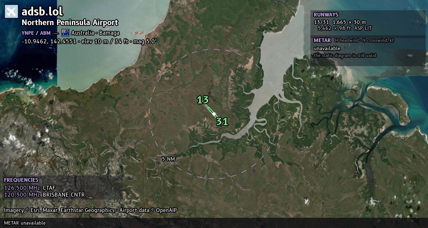 Satellite map with the runway layout of Northern Peninsula Airport (YNPE)