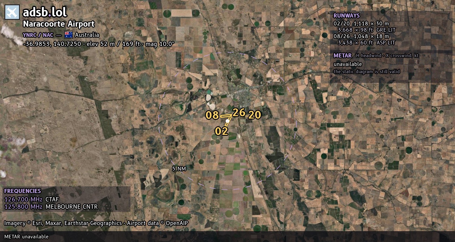 Satellite map with the runway layout of Naracoorte Airport (YNRC)