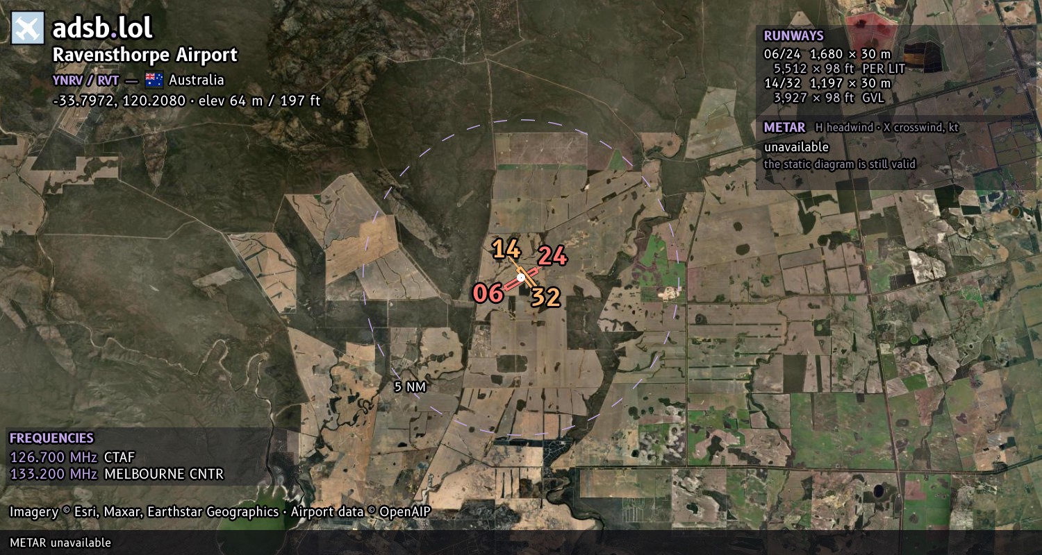 Satellite map with the runway layout of Ravensthorpe Airport (YNRV)