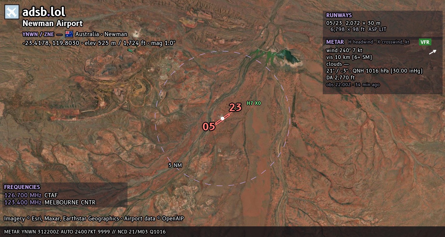 Satellite map with the runway layout of Newman Airport (YNWN)
