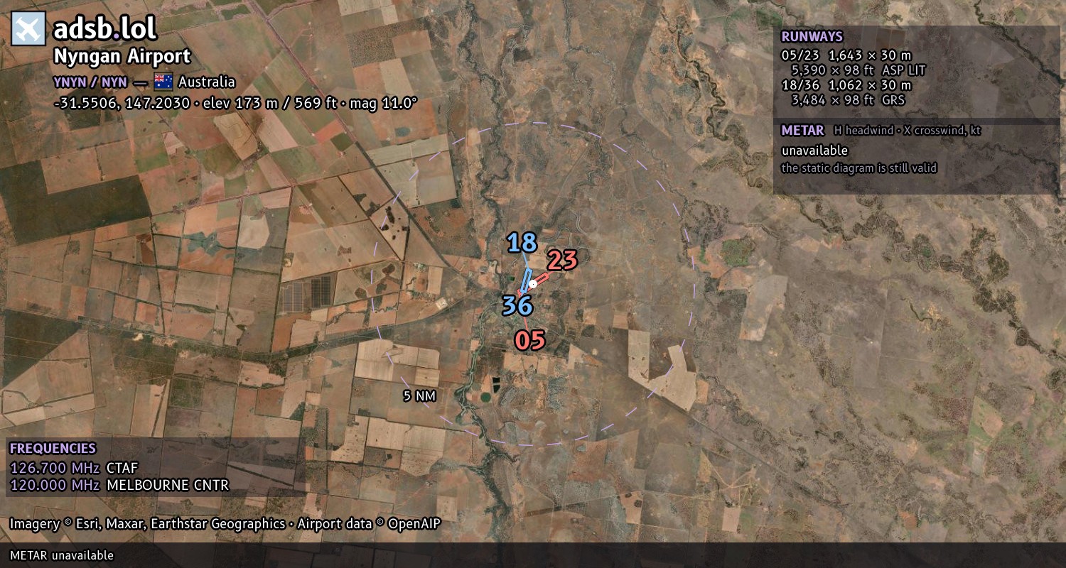 Satellite map with the runway layout of Nyngan Airport (YNYN)