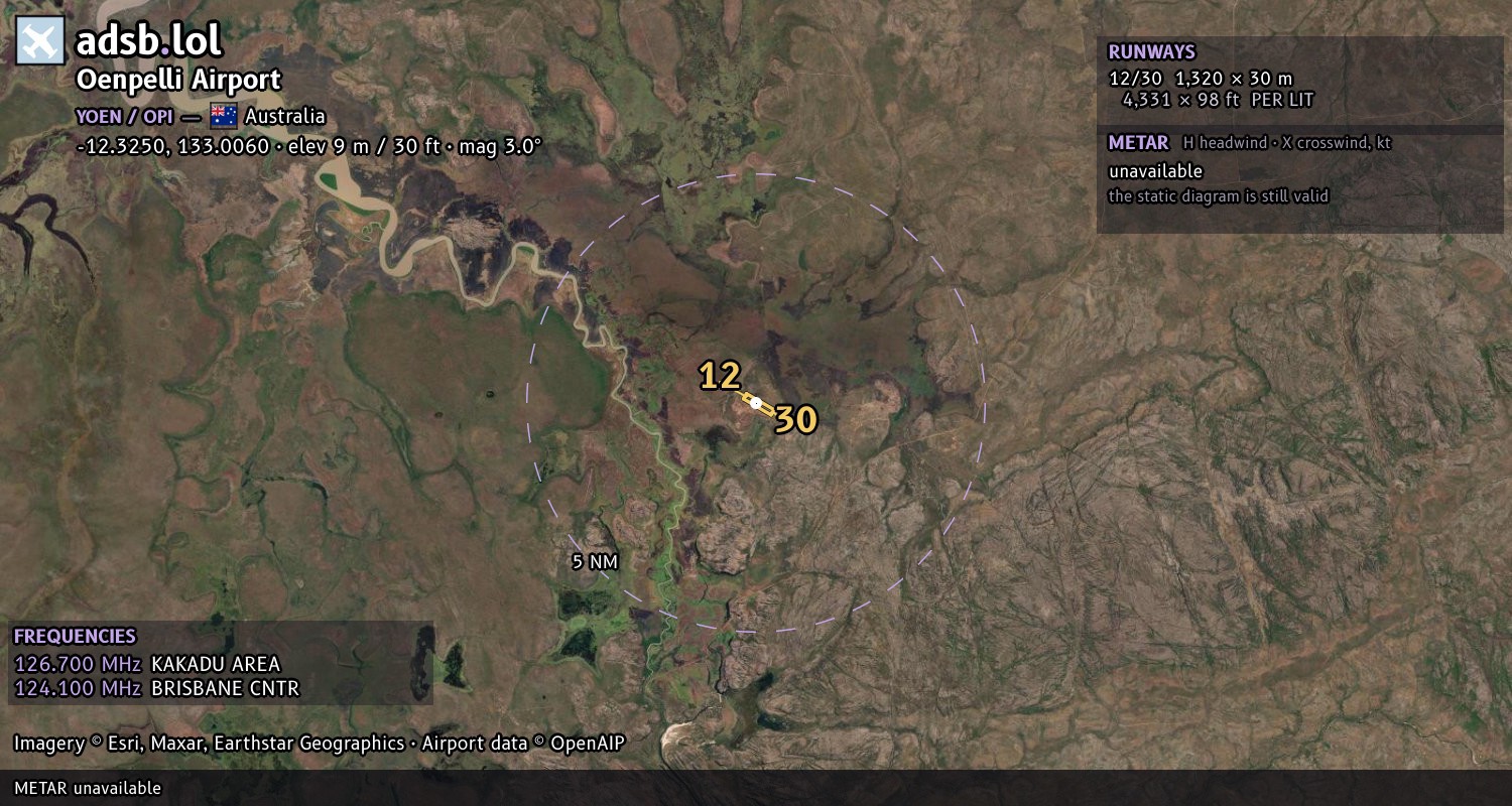 Satellite map with the runway layout of Oenpelli Airport (YOEN)