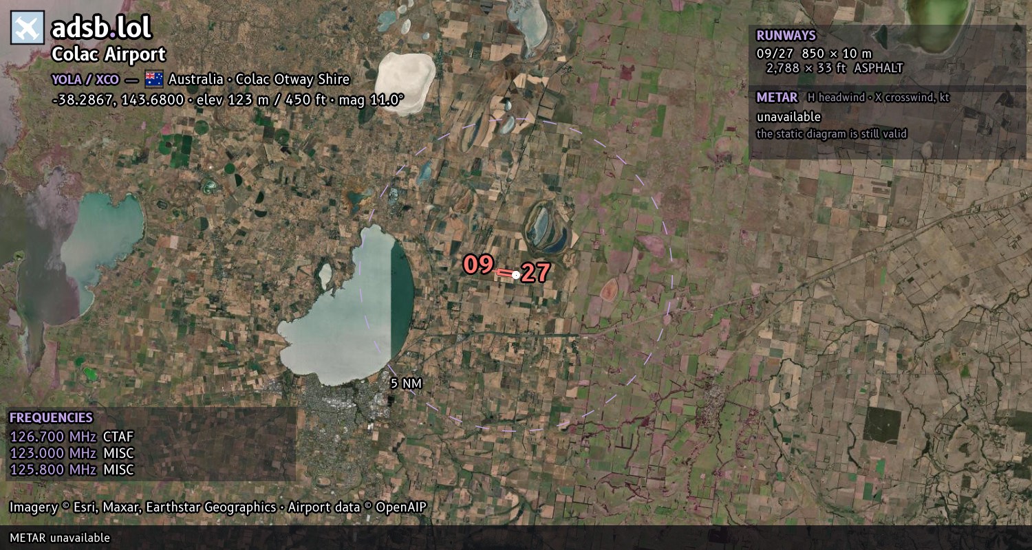 Satellite map with the runway layout of Colac Airport (YOLA)