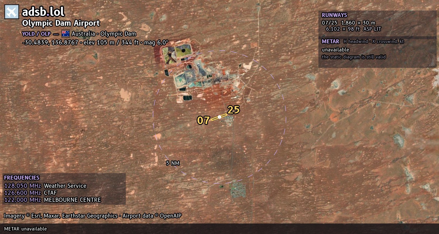 Satellite map with the runway layout of Olympic Dam Airport (YOLD)